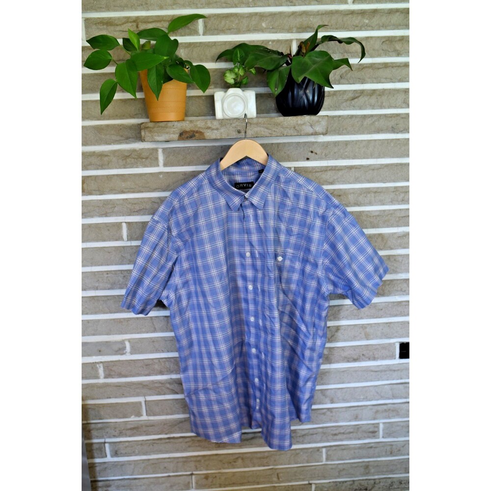 Orvis Plaid Button Up Shirt Mens XXL 100% Cotton Short Sleeve Shirt Blue Pink
